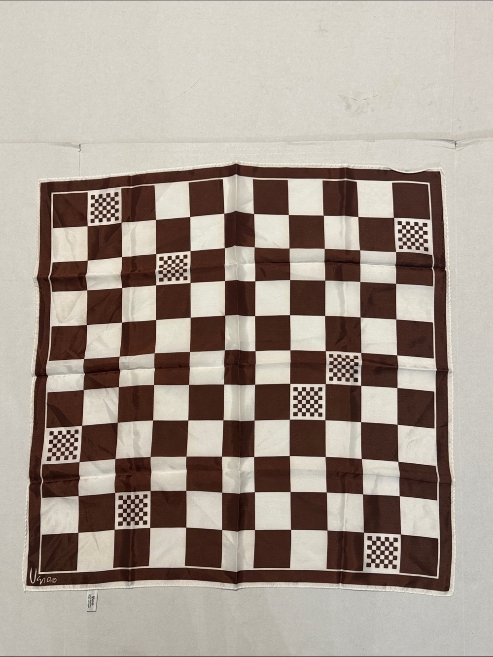 Vintage Vera Neumann Brown White Checkered Scarf 22”x22”